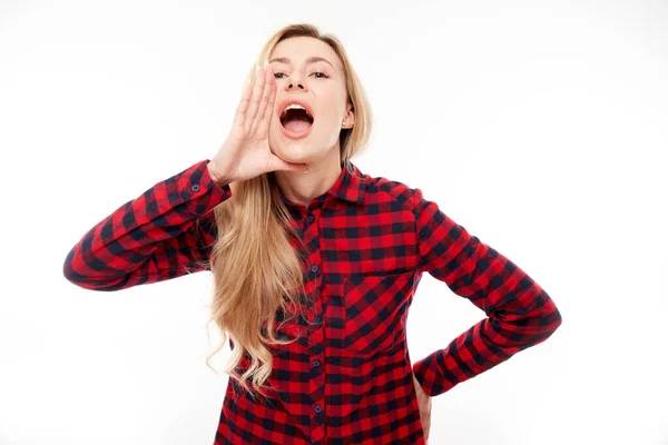 Portrait Blond Young Woman Screaming Her Palms White Studio Background — Stock Photo, Image