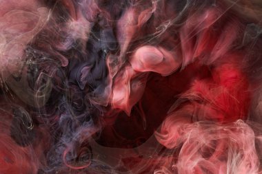 Koyu kırmızı kontrastlı sıvı sanat arka planı. Boya mürekkebi patlaması, soyut duman bulutları taklit, suluboya su altı