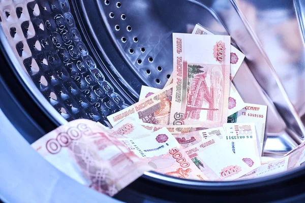 Russische Geldscheine Der Waschmaschine Geldwäsche Konzept Für Finanzbetrug — Stockfoto