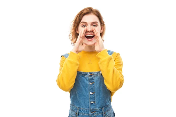 Portrait Redhead Young Woman Screaming Her Palms White Studio Background — Stock Photo, Image