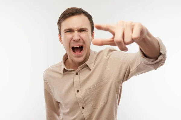 Portrait Angry Brunette Young Male Screaming Isolated White Studio Background — Stock Photo, Image