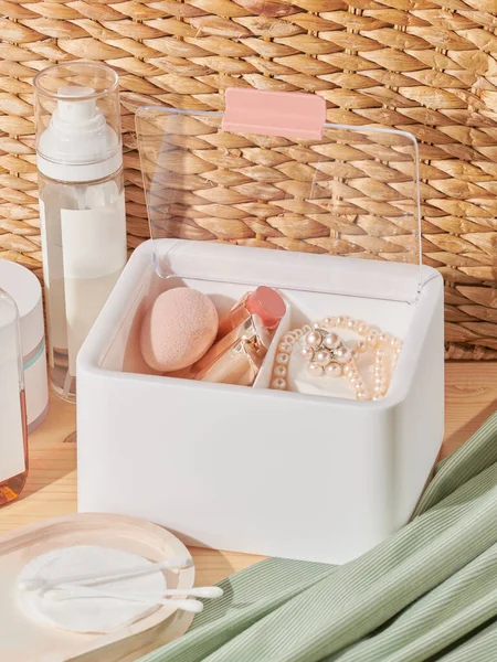 White Plastic Organizer Cosmetic Products Makeup Stuff Accessories Beauty Room — Stock Photo, Image