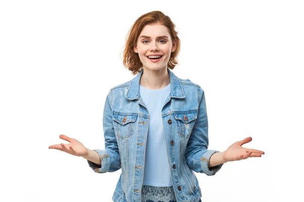 Portrait Happy Young Redhead Woman Spreading Hands Joy Inspiration Hands — Stock Photo, Image