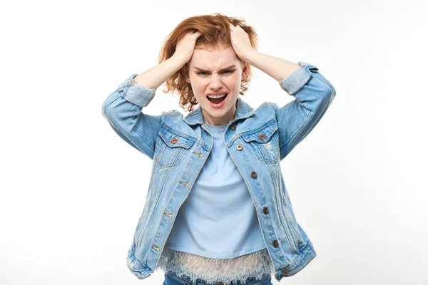 Portrait Angry Redhead Young Woman Screaming Isolated White Studio Background — Stock Photo, Image