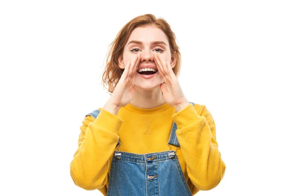Portrait Redhead Young Woman Screaming Her Palms White Studio Background — Stock Photo, Image