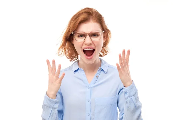 Portrait Angry Redhead Young Woman Screaming Isolated White Studio Background — Stock Photo, Image