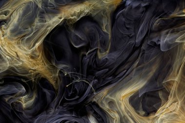 Koyu siyah kontrast sıvı sanat arka planı. Boya mürekkebi patlaması, soyut duman bulutları taklit, suluboya su altı