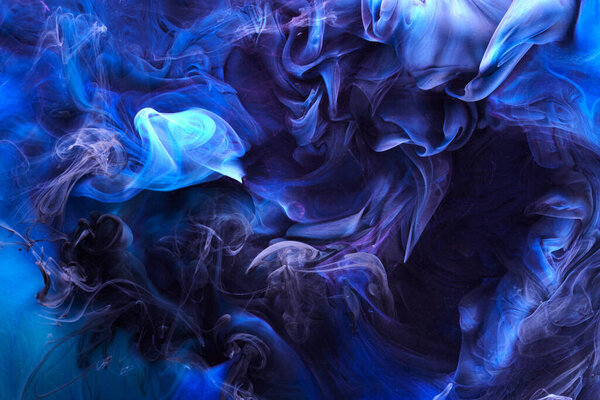 Blue color abstract smoke background. Mix alcohol ink, creative liquid art mock-up with copy space. Acrylic paint waves underwater
