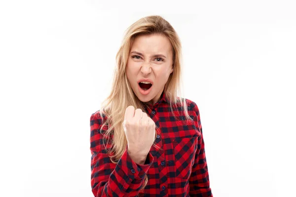 Portrait Angry Blonde Young Woman Screaming Isolated White Studio Background — Stock Photo, Image