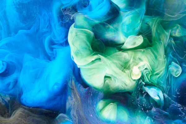 绿色蓝色对比液体艺术背景 油漆油墨爆炸 抽象的烟云模拟 水下水彩画 — 图库照片