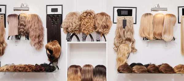 Showcase of natural looking wigs in different colors fixed on the metal wig holders in beauty salon. Row of mannequin heads with variation shades hair on shelf in wig sho