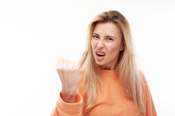Portrait Angry Blonde Young Woman Screaming Isolated White Studio Background — Stock Photo, Image