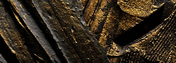 Dekoratív Fekete Arany Gitt Háttér Faltextúra Töltőpasztával Spatulával Kaotikus Kötőjelekkel — Stock Fotó