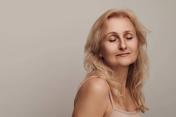 Beautiful Blond Middle Aged Woman Smiling Face Closed Eyes Portrait — Stock Photo, Image