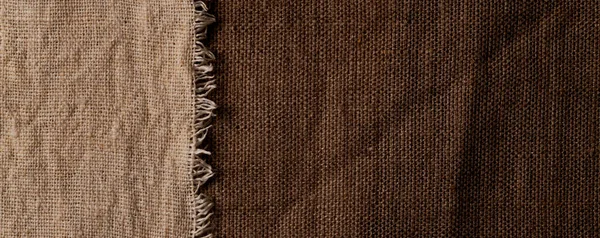 在不同的纹理和颜色的衬里 天然面料由有机亚麻和棉花制成 国产纺织品手工制作 地毯和帆布 用于生态 乡村音乐 Boho Hygge装饰特写背景 — 图库照片