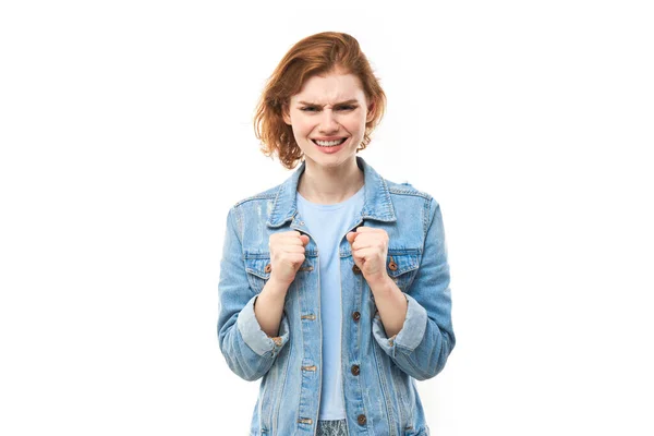 Portrait Angry Redhead Young Woman Screaming Isolated White Studio Background — Stock Photo, Image