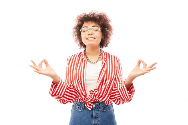 Young Attractive Caucasian Curly Woman Glasses Smiling Meditative Pose Isolated — Stock Photo, Image