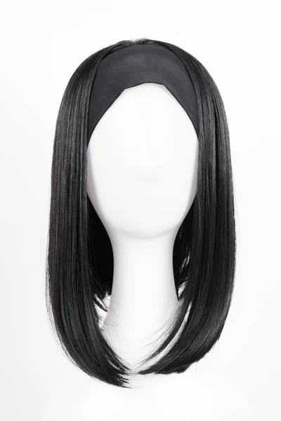Perruque Noire Naturelle Sur Tête Mannequin Blanche Cheveux Raides Longueur — Photo