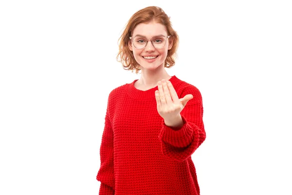 stock image Portrait young woman chooses you isolated on white studio background, stretches her palm to the camera, join us concept