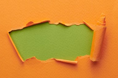 Yırtık kenarlı yırtık kağıt çerçevesi. Fotokopi alanı, turuncu yeşil renkler ve defter sayfaları içeren metin penceresi. Soyut arka gruplandırma