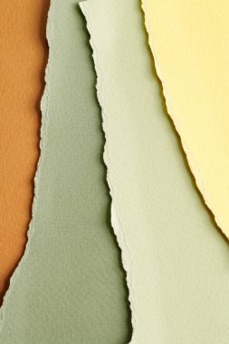 Yırtık kenarlı kağıt parçalarından sanat kolajı. Yapışkan notlar, sarı kahverengi yeşil renkler, defter sayfaları. Soyut arka gruplandırma