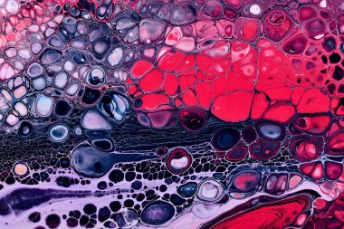 Özel güzel desen, soyut akışkan sanat arkaplanı. Kırmızı, mavi ve beyaz boyaların karışımı. Yazdırma ve dizayn için mürekkep dokusu lekeleri ve çizgileri