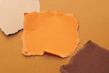 Yırtık kenarlı kağıt parçalarından sanat kolajı. Yapışkan notlar kahverengi renkler, defter sayfalarının parçalarını topluyor. Soyut arka gruplandırma
