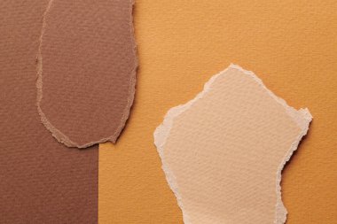 Yırtık kenarlı kağıt parçalarından sanat kolajı. Yapışkan notlar kahverengi renkler, defter sayfalarının parçalarını topluyor. Soyut arka gruplandırma