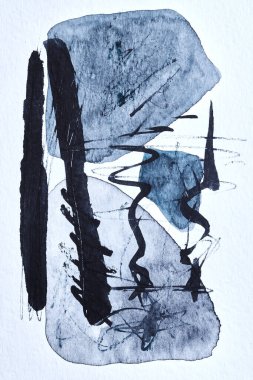 Soyut mavi arkaplan. Suluboya mürekkep sanat kolajı. Akrilik acının lekeleri, lekeleri ve fırça darbeleri