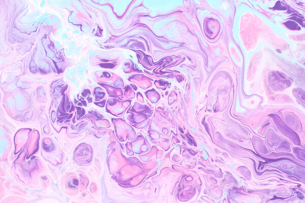 Exclusive beautiful pattern, abstract fluid art background. Flow of blending purple lilac paints mixing together. Blots and streaks of ink texture for print and design