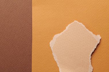 Yırtık kenarlı kağıt parçalarından sanat kolajı. Yapışkan notlar kahverengi renkler, defter sayfalarının parçalarını topluyor. Soyut arka gruplandırma