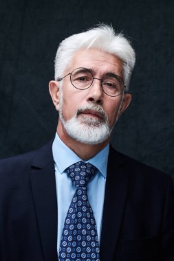 Stüdyonun arka planında izole edilmiş ciddi yüzlü ve gri saçlı kendinden emin bir iş adamının portresi. 60 yaşında yakışıklı bir adam, Sui 'de patron.