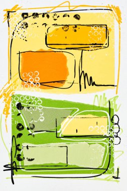 Soyut arka plan, çok renkli sanat kolajı. Basılı davetiye kartı ve kartpostal için yaratıcı desen tasarımı. Resim posteri, renkli duvar kağıdı. Yeşil, sarı, beyaz renkler