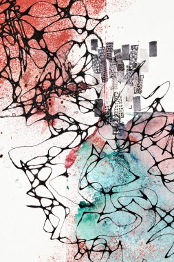 Soyut arka plan, çok renkli sanat kolajı. Basılı davetiye kartı ve kartpostal için yaratıcı desen tasarımı. Resim posteri, renkli duvar kağıdı. Yeşil, kırmızı, beyaz, siyah renkler