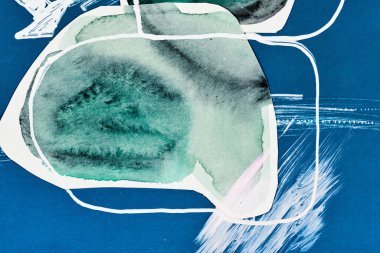 Soyut arka plan, çok renkli sanat kolajı. Basılı davetiye kartı ve kartpostal için yaratıcı desen tasarımı. Resim posteri, renkli duvar kağıdı. Mavi, beyaz, yeşil renkler