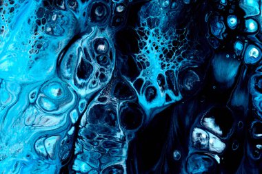 Yaratıcı renkli arka plan, akışkan sanat. Soyut mavi okyanus, akrilik baskı arka plan, hareket pigmenti, boya patlayıcı