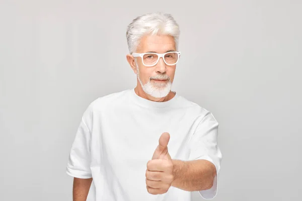 Portrait Mature Man White Shirt Glasses Smiling Joyfully Showing Thumbs — Stock Photo, Image