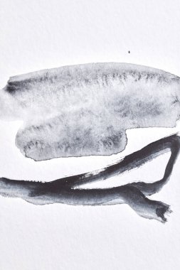 Soyut siyah beyaz arka plan. Suluboya mürekkep sanat kolajı. Akrilik acının lekeleri, lekeleri ve fırça darbeleri