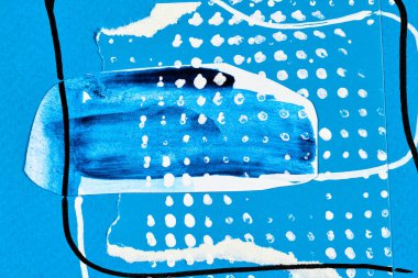 Soyut arka plan, çok renkli sanat kolajı. Basılı davetiye kartı ve kartpostal için yaratıcı desen tasarımı. Resim posteri, renkli duvar kağıdı. Mavi, siyah, beyaz renkler