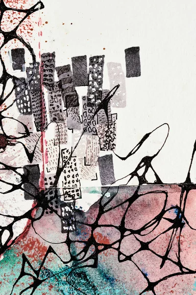 Soyut arka plan, çok renkli sanat kolajı. Basılı davetiye kartı ve kartpostal için yaratıcı desen tasarımı. Resim posteri, renkli duvar kağıdı. Yeşil, kırmızı, beyaz, siyah renkler