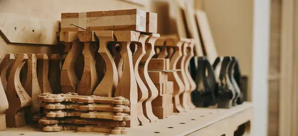 Close Wooden Furniture Details Carpentry Workshop Furniture Production Manufactory — Stock Photo, Image