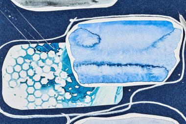 Soyut arka plan, çok renkli sanat kolajı. Basılı davetiye kartı ve kartpostal için yaratıcı desen tasarımı. Resim posteri, renkli duvar kağıdı. Mavi, beyaz renkler