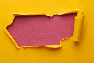 Yırtık kenarlı yırtık kağıt çerçevesi. Kopya alanı sarı bordo kırmızısı renkleri olan metin penceresi, defter sayfalarının parçaları. Soyut arka gruplandırma