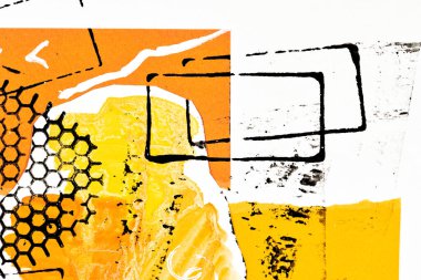 Soyut arka plan, çok renkli sanat kolajı. Basılı davetiye kartı ve kartpostal için yaratıcı desen tasarımı. Resim posteri, renkli duvar kağıdı. Sarı, beyaz, siyah zıt renkler