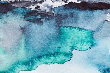 Soyut mavi arkaplan. Suluboya mürekkep çok renkli sanat kolajı. Lekeler, lekeler ve fırça darbeleri beyaz pape üzerinde akrilik boya