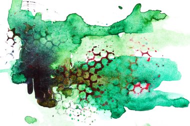 Soyut yeşil arkaplan. Kağıt üzerinde çok renkli fırça darbeleri ve boya lekeleri, parlak zıt arkaplan, bal peteği hücresel baskı