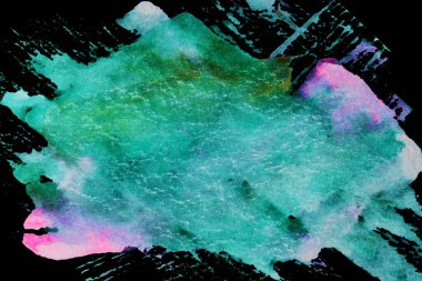 Siyah ve yeşil soyut arka plan. Renkli mürekkep lekeleri, lekeler, duvar kağıdı baskısı. Yaratıcı arkaplan, kaotik boya fırça darbeleri, araba baskısı kalıpları