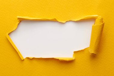 Yırtık kenarlı yırtık kağıt çerçevesi. Kopya alanı sarı beyaz renkler, not defteri sayfalarının parçalarını içeren metin penceresi. Soyut arka gruplandırma