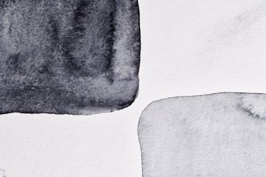 Soyut arkaplan. Suluboya mürekkep çok renkli sanat kolajı. Beyaz pape üzerinde siyah gri lekeler, lekeler ve fırça darbeleri akrilik boya