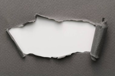 Yırtık kenarlı yırtık kağıt çerçevesi. Metni kopyalamak için pencere. Gri beyaz renkler, not defteri sayfalarının parçaları. Soyut arka gruplandırma